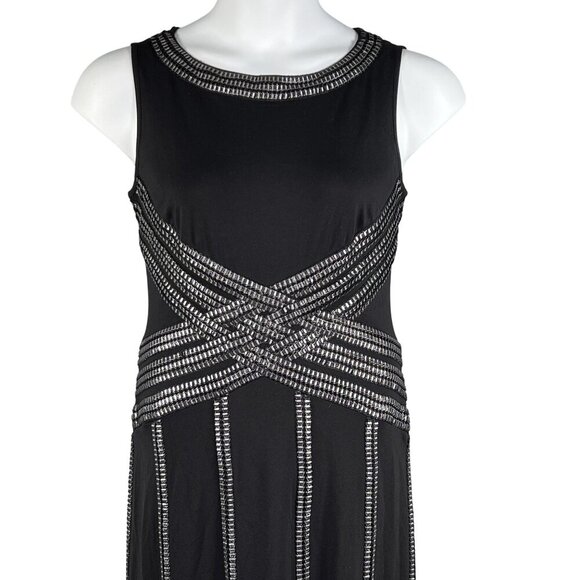 Tadashi Shoji Women M Tall Black Evening Gown Silver Beaded Elegant Jersey Dress - Picture 6 of 16